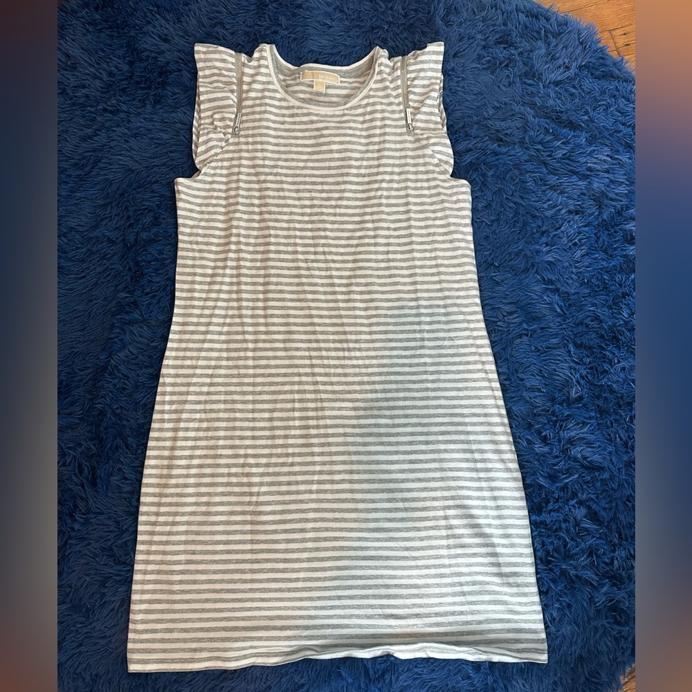 Michael Kors MK Basics Cotton Stripe Dress Zipper Sleeve- Grey and Cream Stripe